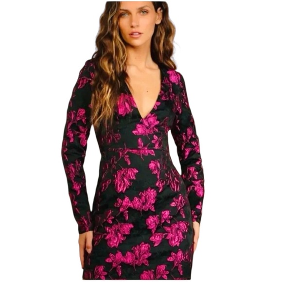 NEW Lulus Elegant Taste Floral Jacquard Mini Dress Black Gray Bright Pink XL NWT - Picture 2 of 16